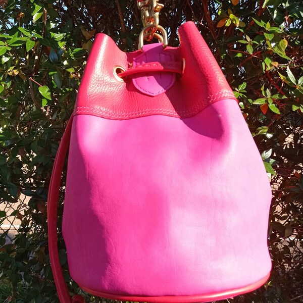 Sac seau en cuir rouge et rose fushia modèle unique entièrement réalisé et cousu main