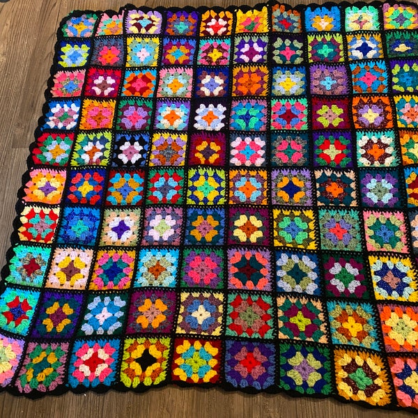 Crochet granny square blanket throw Afghan in rainbow colours joined in black with black scalloped edge 95cm square