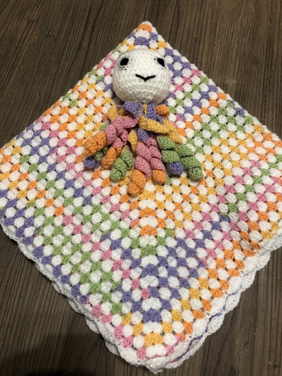 Rainbow White Granny Square Crocheted Throw Afghan Baby Blanket