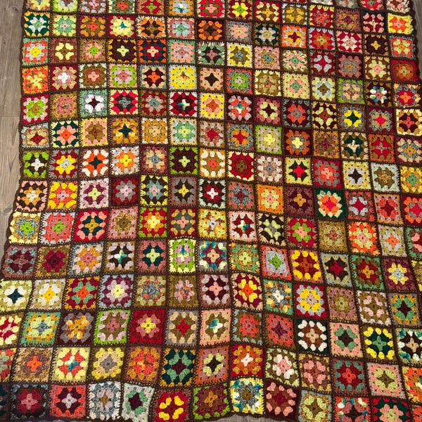 Beautiful handmade Crocheted granny square blanket throw Afghan in Autumnal shades of red brown orange green yellow 150cm x 150cm