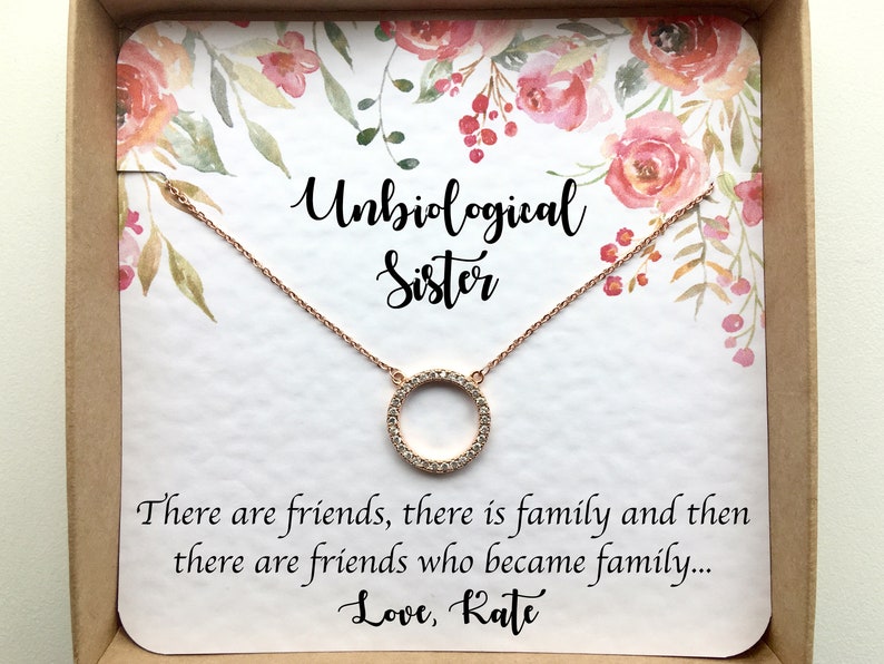 Unbiological Sister gift Cubic Zirconia Necklace on card Unbiological sister jewelry necklace or bracelet. Rose gold Infinity circle
