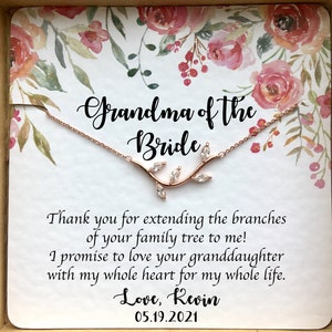 Cadeau grand-mère du marié du marié ou grand-mère du marié Cadeau de la mariée, collier feuille grand-mère avec carte personnalisée en or rose