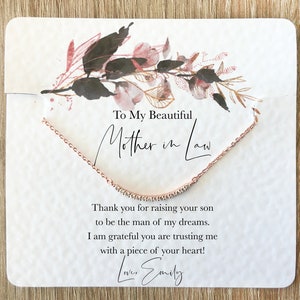 Cadeau moeder bruidegom van bruid, bedankt voor het grootbrengen van de man van mijn dromen, schoonmoeder ketting cadeau, gepersonaliseerde gedichtenkaart voor bruiloft
