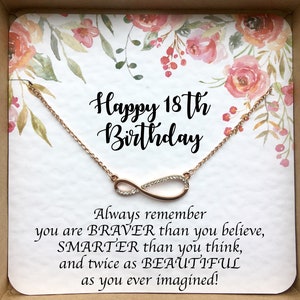 18e VERJAARDAGSCADEAUEN voor meisjes, roségouden oneindigheid 18e verjaardag ketting op kaart, 18e verjaardag cadeau meisje, haar achttien jaar oude feestoptreden