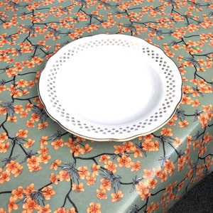 Tablecloth ROUND blue pattern printed Japanese apple blossoms, oilcloth cotton coated blue storm 142cm diameter image 7