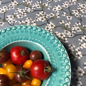 Tablecloth ROUND blue pattern printed Japanese apple blossoms, oilcloth cotton coated blue storm 142cm diameter image 2