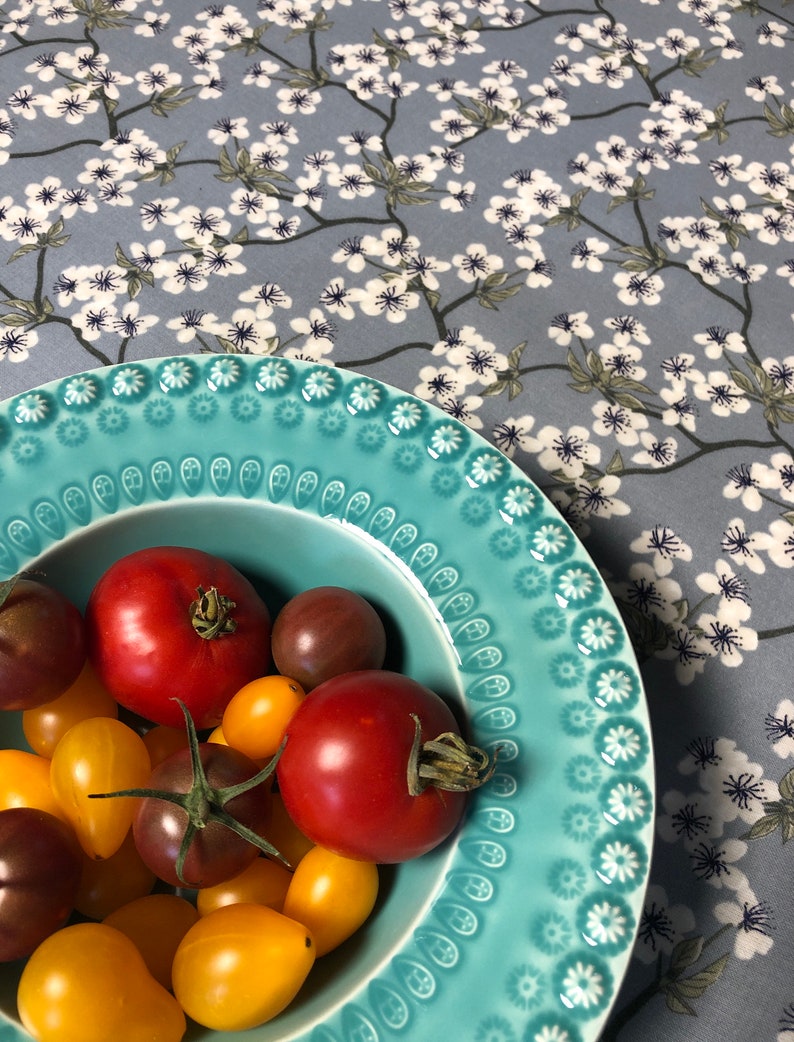 Tablecloth ROUND blue pattern printed Japanese apple blossoms, oilcloth cotton coated blue storm 142cm diameter image 2