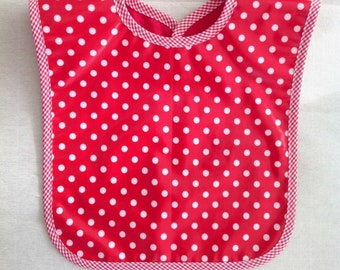Baby bib, in coated fabric red peas white dressing bias fancy vichy tiles red for baby meal