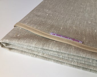 Nappe rectangulaire en lin enduit naturel chiné avec habillage ganse biais coton coloris beige - 150x250cm