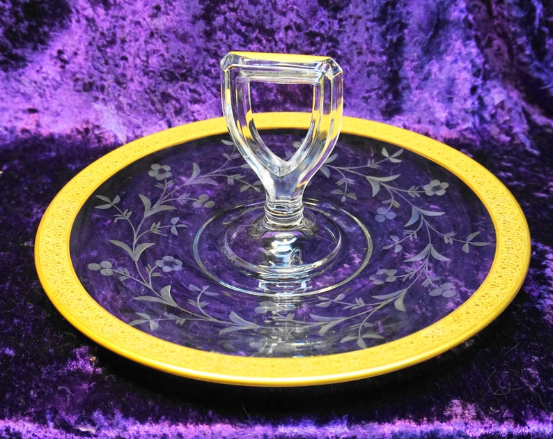 VINTAGE GILDED RIM Etched Elegant Glass Serving Tray W/ Handle Etsy