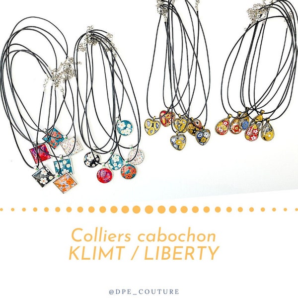 Collier cabochon PANDORE, collier Klimt, collier liberty, collier pendentif, collier fantaisie, goutte, coeur, collier femme, collier verre