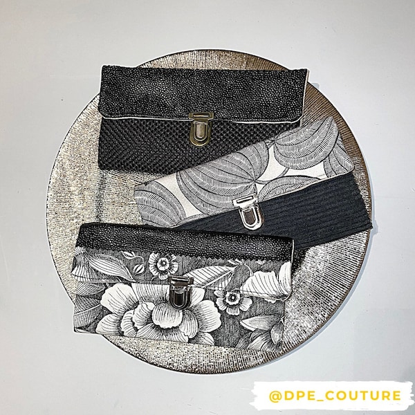 Trousse à bijoux maquillage et barrettes de voyage en tissu noir et blanc avec fermoir