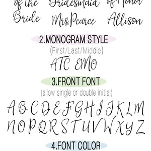 May include: A customization guide featuring black text on a white background. Sections include 1. CUSTOMIZATION BACK OR FRONT, 2. MONOGRAM STYLE, 3. FRONT FONT with an alphabet display, and 4. FONT COLOR listing options like White, RoseGold, Gold, Silver, Burgundy, Black, Rust, EmeraldGreen, Blue, Navy, and RoyalBlue.