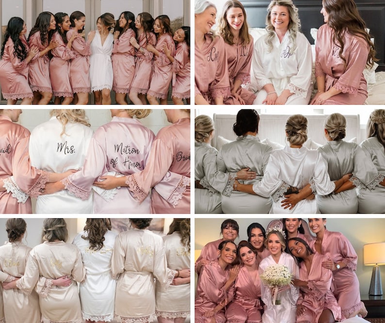May include: A collection of satin robes in various colors including dusty rose, white, and champagne. Each robe features long sleeves with lace trim at the cuffs and hem. Some robes display embroidered text on the back or front, such as Mrs. or Matron of Honor.