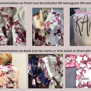 May include: A collage of images showing different examples of personalized robes and other items. The robes are white with a floral pattern and have different text embroidered on them, such as "Mother of the Groom", "Bride", and "Adoree Bride".