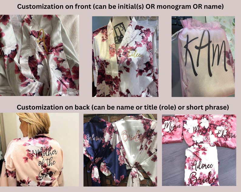 May include: A collage of images showing different examples of personalized robes and other items. The robes are white with a floral pattern and have different text embroidered on them, such as "Mother of the Groom", "Bride", and "Adoree Bride".