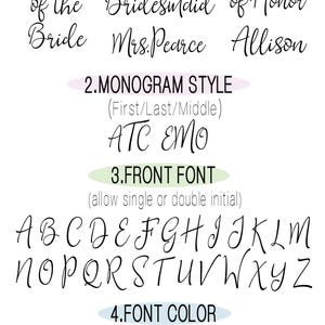 May include: A guide for customizing a gift with options for personalization, including name or title, monogram style, font style, and font color. The font options include a variety of uppercase letters in a cursive style. The color options include white, rose gold, gold, silver, burgundy, black, rust, emerald green, blue, navy, and royal blue.