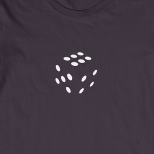 May include: A dark purple t-shirt with a white die graphic on the front.
