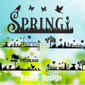 Könnte beinhalten: Schwarz-weiße Silhouetten-Designs von Frühlingsmotiven, darunter Vögel, Schmetterlinge, Kaninchen, Blumen und die Wörter "Spring", "Frühling" und "Spring".
