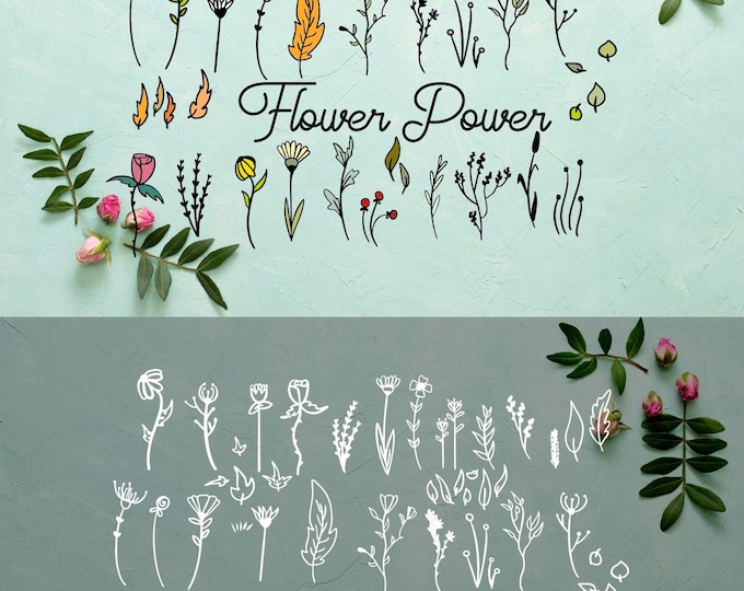 FLOWER POWER The sweet flowers Doodles Colored and contour and BONUS vases