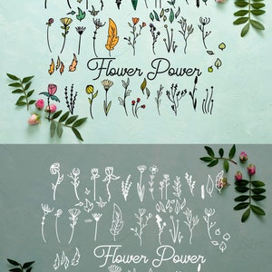 Könnte beinhalten: Ein Satz von 30 handgezeichneten Blumen- und Blatt-Illustrationen in Farbe und Schwarzweiß. Die Illustrationen sind in zwei Reihen angeordnet, wobei der Text "Flower Power" in der Mitte jeder Reihe steht.