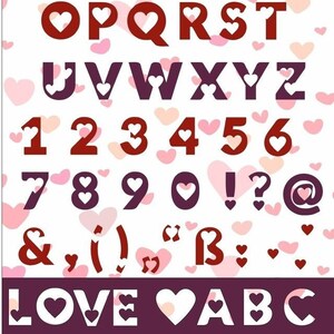 以下が含まれることがあります： ハートが文字の中に埋め込まれた赤と白のアルファベット。文字はピンクのハートが散りばめられた白い背景の上にあります。数字の1から9と記号の！、？、@も含まれています。画像の下部には「LOVE ABC」という単語があります。