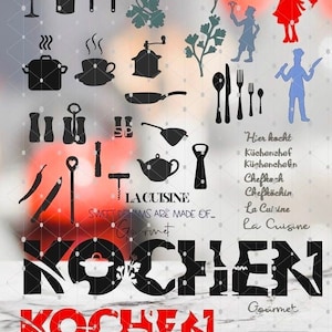 Op de afbeelding: Zwart-wit silhouetontwerp met keukengerei, kookgerei en voedsel. Het ontwerp bevat tekst in het Duits, zoals "Hier kocht" en "La Cuisine".
