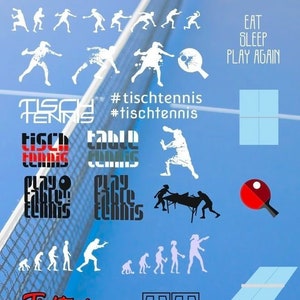May include: A blue background with various images and text related to table tennis. The text includes "#tischtennis", "EAT SLEEP PLAY AGAIN", "Tischtennis", "Table Tennis", "Play Table Tennis", and "TENNIS".