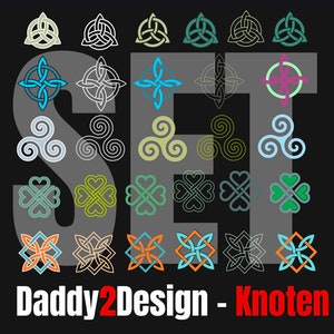 Puede incluir: Un conjunto de 30 diseños diferentes de nudos celtas en varios colores, incluidos el verde, el azul, el rojo y el negro. Los diseños están dispuestos en filas y columnas, con el texto "Daddy2Design - Knoten" en la parte inferior.