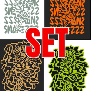 Puede incluir: Un conjunto de cuatro ilustraciones digitales que representan una serpiente con un esquema de color negro y blanco, verde y negro, naranja y negro, y marrón y negro. La palabra "SET" está escrita en letras rojas en la parte superior de la imagen.