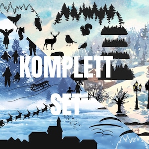 Könnte beinhalten: Ein Schwarzweiß-Illustrationsset mit Winterszenen, Tieren und Naturelementen. Das Set enthält eine Vielzahl von Bäumen, ein Reh, ein Eichhörnchen, einen Vogel, einen Fuchs, einen Schlitten, eine Kutsche, eine Kirche, einen Stern, einen Laternenpfahl und vieles mehr. Der Text "KOMPLETT SET" wird in der Mitte des Bildes angezeigt.