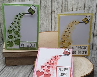 Greeting Cards - A Watering Can Full of Stars, Happiness and Love of Happiness Button