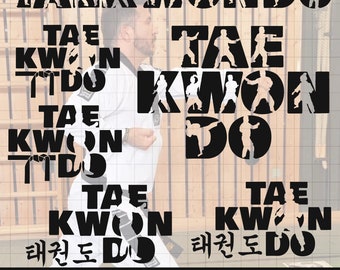 May include: Image featuring the word "TAEKWONDO" in a bold, white font, with the words "TAE KWON DO" and Korean characters interspersed. Silhouettes of martial artists are incorporated into the design, with a person in a white uniform in the background.