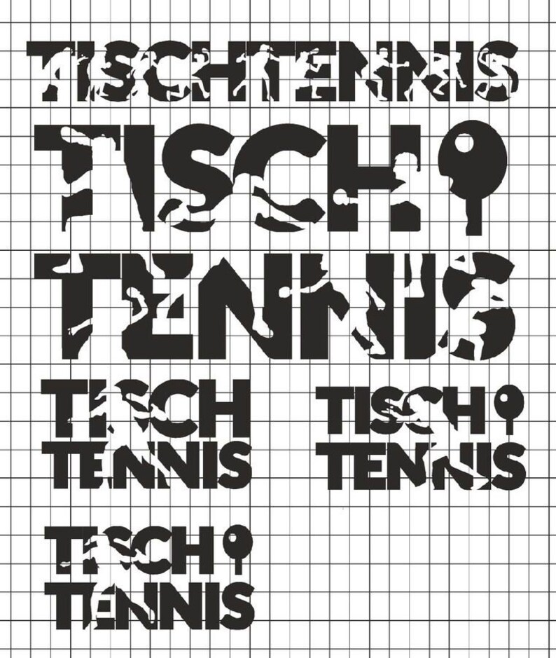 May include: Black and white graphic design of the word "Tischtennis" (table tennis) in different styles. The word is repeated five times, with each instance featuring a unique design.