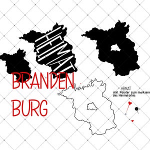 May include: Black and white illustration of the Brandenburg region of Germany with the word "Heimat" written in white on a black background. The text "Brandenburg" is written in red below the map, and the text "Burg" is written in red below that. The text "Heimat inkl. Pointer zum markieren des Heimatorte" is written in black on a white background in the lower right corner of the image.