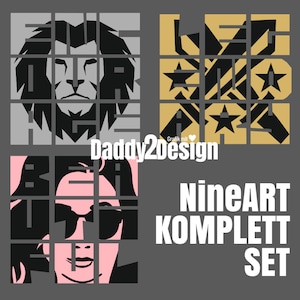 Könnte beinhalten: Neun schwarz-weiße Grafikdesigns mit den Wörtern "Some", "Our", "Home", "Beautiful", "NineArt", "Komplett" und "Set". Die Designs sind in einem Raster angeordnet.