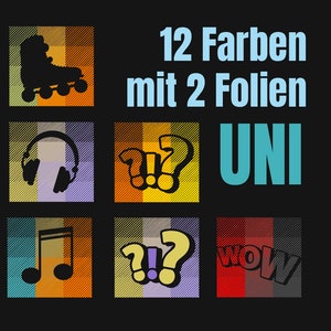 Könnte beinhalten: Ein Satz von 12 bunten, gemusterten Quadraten mit verschiedenen Symbolen. Die Symbole umfassen einen Rollschuh, Kopfhörer, eine Musiknote und Fragezeichen. Der Text "12 Farben mit 2 Folien UNI" ist ebenfalls enthalten.