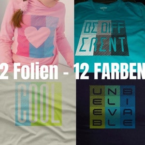 Könnte beinhalten: Zwei Bilder von Shirts mit unterschiedlichen Designs. Das erste Shirt ist pink mit einem blau-pink gestreiften Design und einem pinken Herzen. Das zweite Shirt ist türkis mit einem weiß-schwarz gestreiften Design, auf dem "BE DIFFERENT" steht. Der Text "2 FOLIEN - 12 FARBEN" befindet sich am unteren Rand des Bildes.