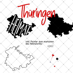 Może przedstawiać: Czarno-biały zarys stanu Turyngia, Niemcy, z napisem "Heimat" wewnątrz. Słowo "Thüringen" jest napisane na czerwono nad zarysowaniem. Słowo "Heimat" jest napisane na czerwono pod zarysowaniem. Na białym tle znajdują się czerwone serca i czarny punkt.