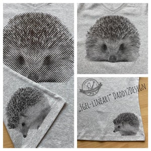 Könnte beinhalten: Ein graues T-Shirt mit einem schwarzen Line-Art-Design eines Igels. Das Design wiederholt sich am Ärmel und am unteren Rand des Shirts. Das Shirt hat den Text "IGEL-LINEART" DADDY2DESIGN auf der unteren rechten Ecke gedruckt.