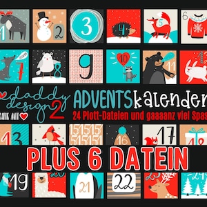 Könnte beinhalten: Ein schwarzer Adventskalender-Entwurf mit 24 nummerierten Quadraten, die jeweils eine festliche Illustration von Tieren und Urlaubsthemen zeigen. Der Text "daddy design 2" und "PLUS 6 DATEIN" sind ebenfalls enthalten.
