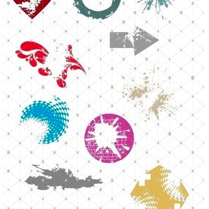 May include: A set of 10 grunge style graphic design elements. The elements include a heart, circle, starburst, arrow, swirl, wave, and splatters. The elements are in various colors, including red, blue, green, and yellow.
