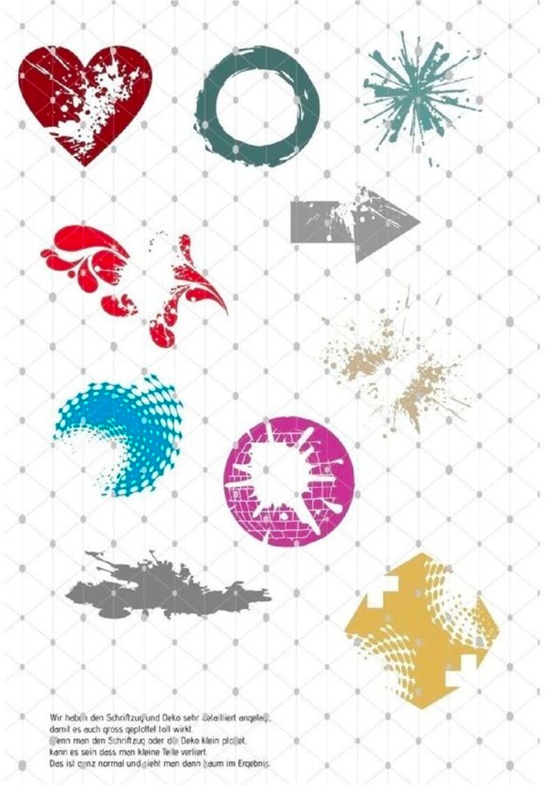 May include: A set of 10 grunge style graphic design elements. The elements include a heart, circle, starburst, arrow, swirl, wave, and splatters. The elements are in various colors, including red, blue, green, and yellow.