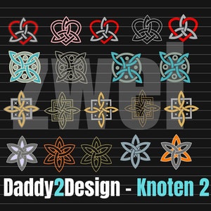 Puede incluir: Un conjunto de 15 ilustraciones vectoriales de nudos celtas en varias formas y colores, incluyendo corazones, cuadrados y estrellas. Los diseños son intrincados y detallados, y serían perfectos para usar en una variedad de proyectos, como scrapbooking, creación de tarjetas o diseño web. El texto "Daddy2Design - Knoten 2" está en la parte inferior de la imagen.