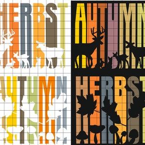 Könnte beinhalten: Ein Grafikdesign mit den Wörtern "HERBST" und "AUTUMN" im Retro-Stil mit bunten Streifen und herbstlichen Motiven, darunter Hirsche, Pilze und Blätter.