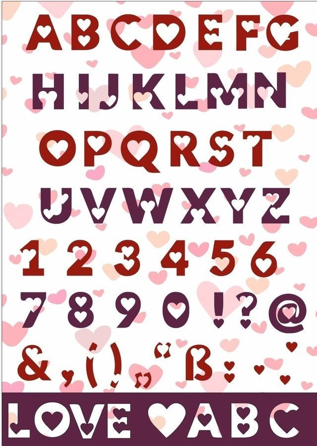 Love Love Hearts Alphabet Abc And 0 9 And Characters As Plotting File In As Svg Dxf Pdf Eps