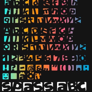Könnte beinhalten: Eine bunte Alphabet- und Zahlen Schriftart mit einem einzigartigen, ausgeschnittenen Stil. Die Buchstaben und Zahlen sind in einem Regenbogen von Farben, darunter Rot, Orange, Gelb, Grün, Blau und Lila. Die Schriftart ist vor einem schwarzen Hintergrund gesetzt.