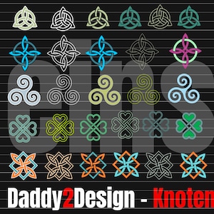 Puede incluir: Una colección de 30 diseños diferentes de nudos celtas en varios colores, incluidos verde, azul, rojo, naranja, amarillo y negro. Los diseños están dispuestos en filas y columnas sobre un fondo negro con líneas blancas.