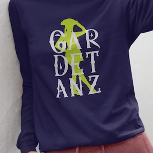 May include: A navy blue long-sleeved shirt with a white graphic of a person standing with the text "GARDETANZ" in white.