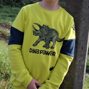 May include: A yellow long-sleeved sweatshirt with a black and white dinosaur graphic and the text "Dino Power". The sleeves are navy blue.